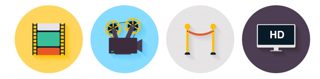 Heimkino Checkliste: Icons von Dia, Kamera, Absperrung und Fernseher